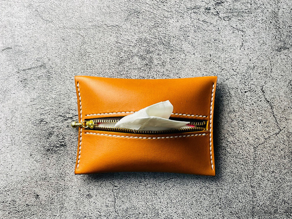 【手工縫製】駝色真皮口袋紙巾盒 第3張的照片