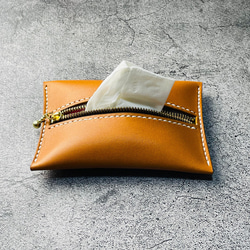 【手工縫製】駝色真皮口袋紙巾盒 第2張的照片