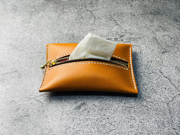 【手工縫製】駝色真皮口袋紙巾盒 第2張的照片