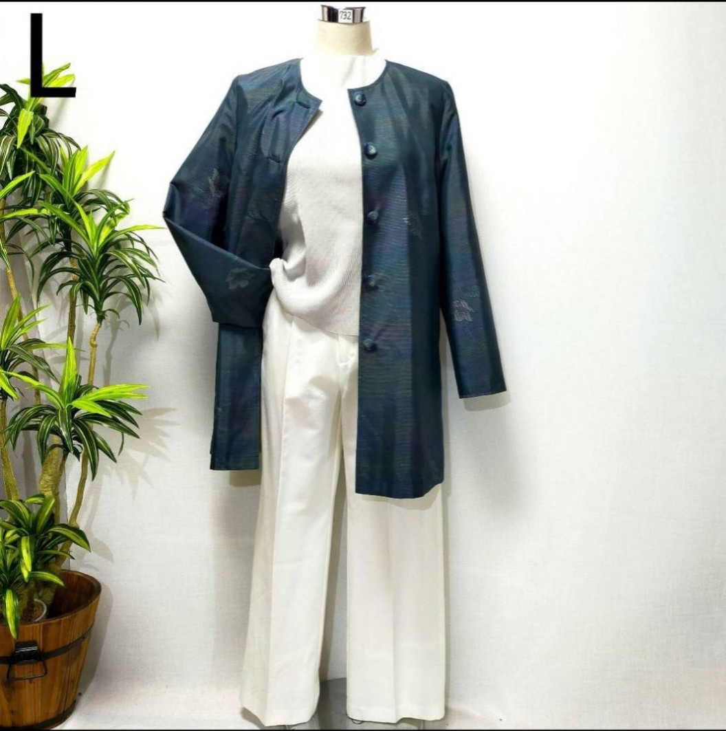 大島紬リバーシブルコート　リバーシブルジャケット　花柄　ノーカラー　ゆったり大きめ　軽量　リボン付き　上品　シルク