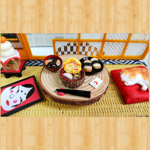 ミニチュアお正月飾り 季節のお茶の間・猫の居る風景シリーズ 手作り 2枚目の画像
