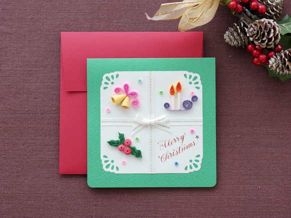 ペーパークイリングとカリグラフィーのクリスマスカード【Merry Christmas】　飾って可愛いクリスマスモチーフ 4枚目の画像