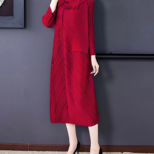 プリーツ襟付きワンピース レッド ワンピース kirari 通販 16894374
