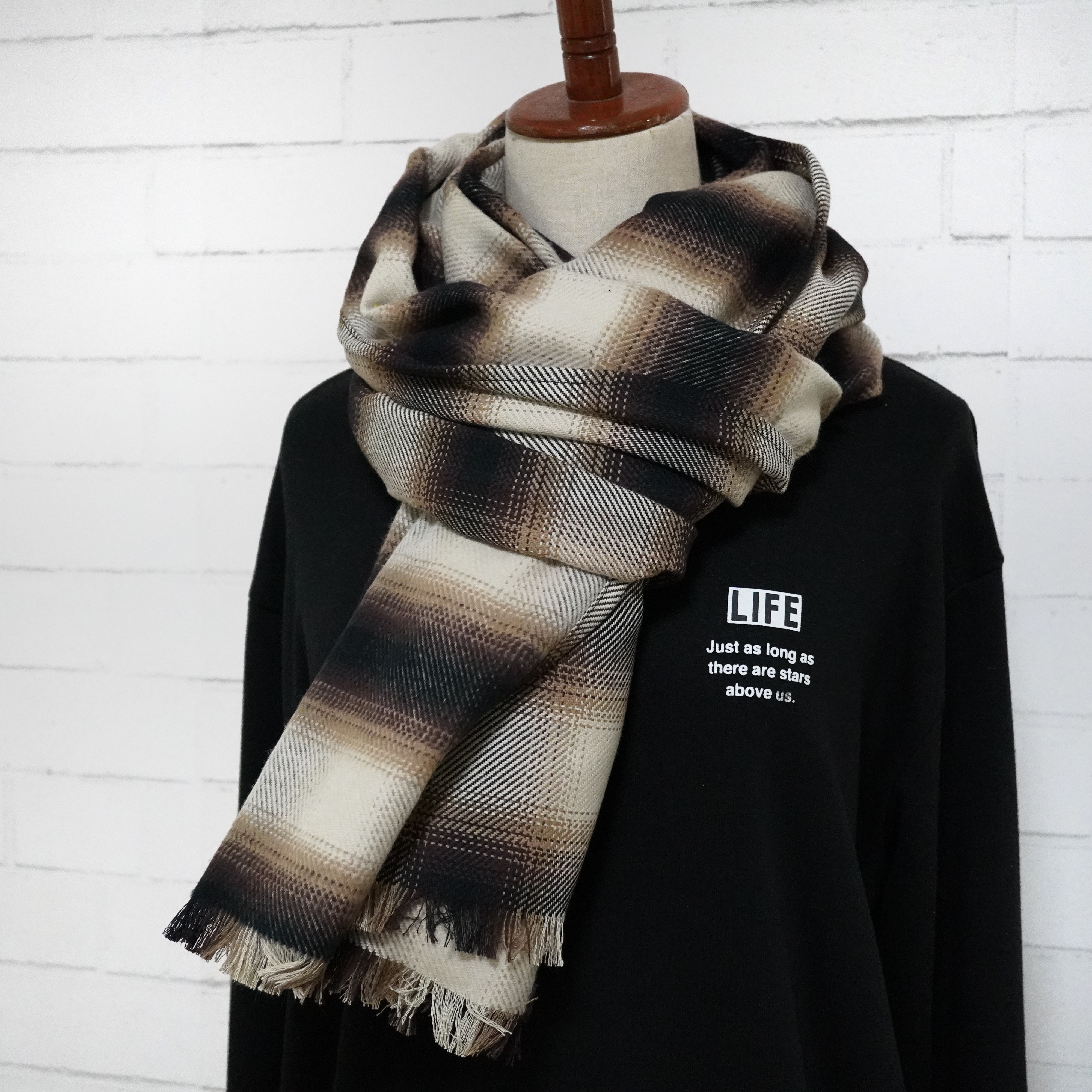 【新春20%off】綿100%大判ショール＊オンブレチェック＊ミルキーベージュ＊極厚＊播州織