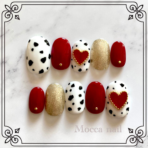 319】レッドハート ダルメシアン ボルドー ネイルチップ ネイルチップ  