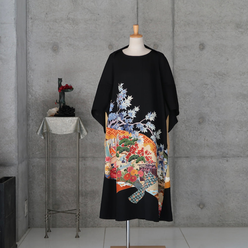 リメイク着物ロングワンピースボレロ付きL正絹作家者加賀友禅染