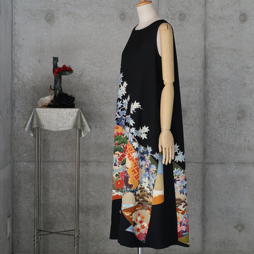 友禅 黒留のワンピース L ボレロ付き 着物リメイク ワンピース COCORO