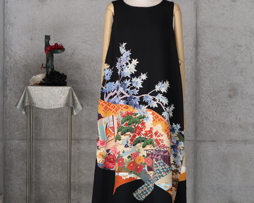 友禅 黒留のワンピース L ボレロ付き 着物リメイク ワンピース