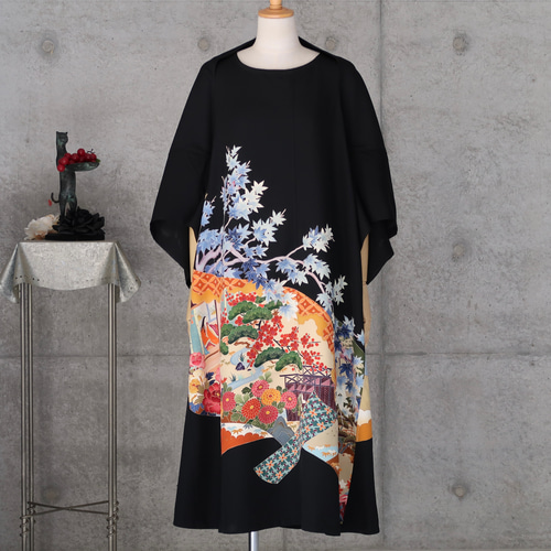 友禅 黒留のワンピース L ボレロ付き 着物リメイク ワンピース COCORO