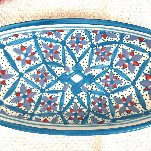 チュニジア・ナブールの陶器　24cmオバール皿　2枚セット　ベルベル情熱の赤 27＆人を酔わす青 55 13枚目の画像
