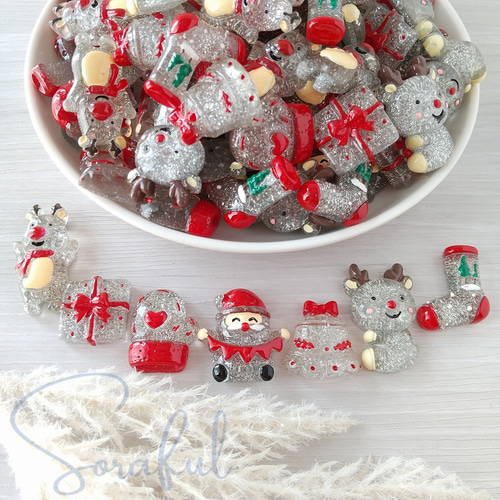 7種セット】シルバーラメのクリスマスパーツ キラキラ サンタ トナカイ