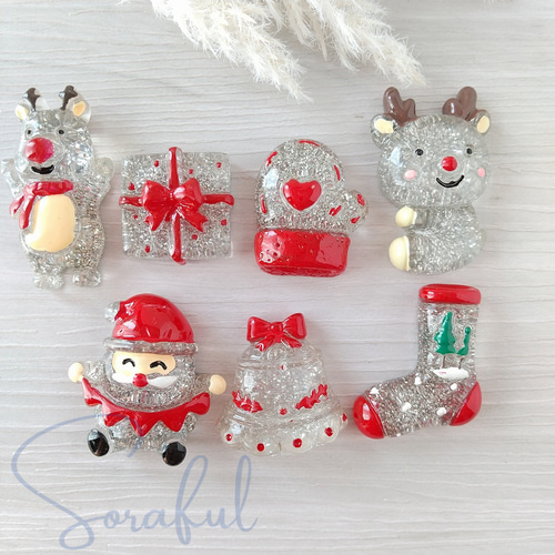 7種セット】シルバーラメのクリスマスパーツ キラキラ サンタ トナカイ