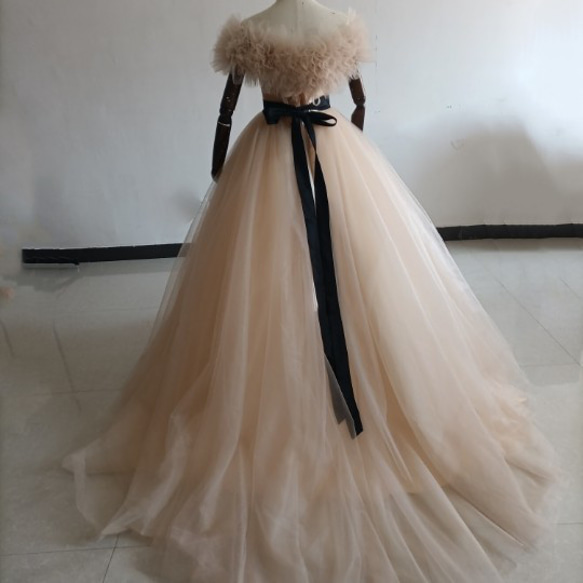 カラードレスシャンパン色 ソフトチュール ロングトレーン 取り外しオフショルダー 結婚式/披露宴 二次会 二次会 ドレス