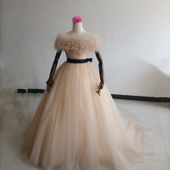 カラードレスシャンパン色 ソフトチュール ロングトレーン 取り外しオフショルダー 結婚式/披露宴 二次会 二次会 ドレス