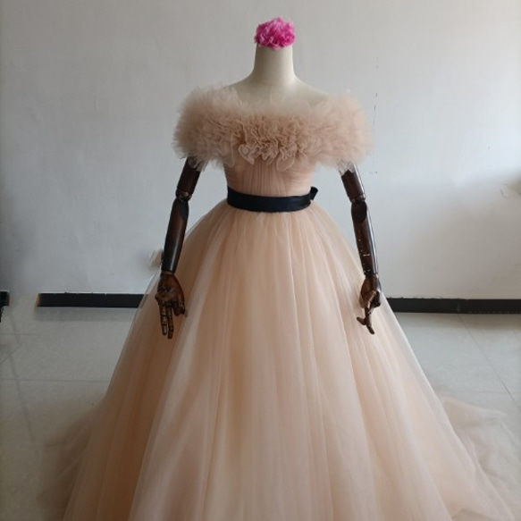 カラードレスシャンパン色 ソフトチュール ロングトレーン 取り外しオフショルダー 結婚式/披露宴 二次会 二次会 ドレス