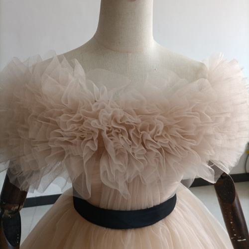 カラードレスシャンパン色 ソフトチュール ロングトレーン 取り外し  