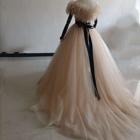 カラードレスシャンパン色 ソフトチュール ロングトレーン 取り外しオフショルダー 結婚式/披露宴 二次会 二次会 ドレス