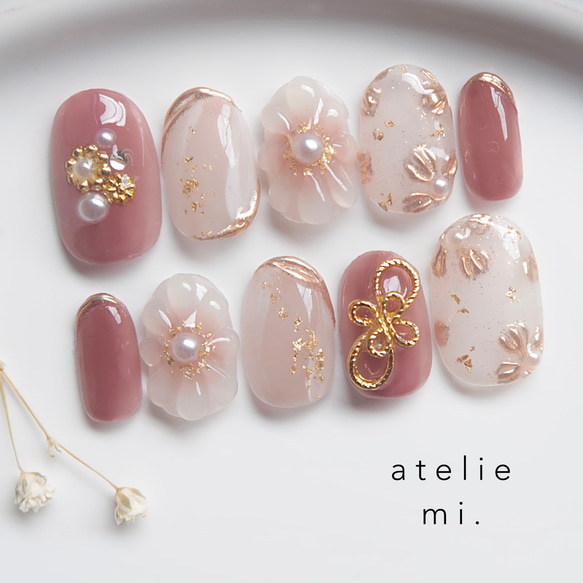 ピンクベージュニュアンスフラワー水引ネイル ブライダル 前撮り 成人式 ゴールド 92f74ebdb94799730ca0ddcc35350a