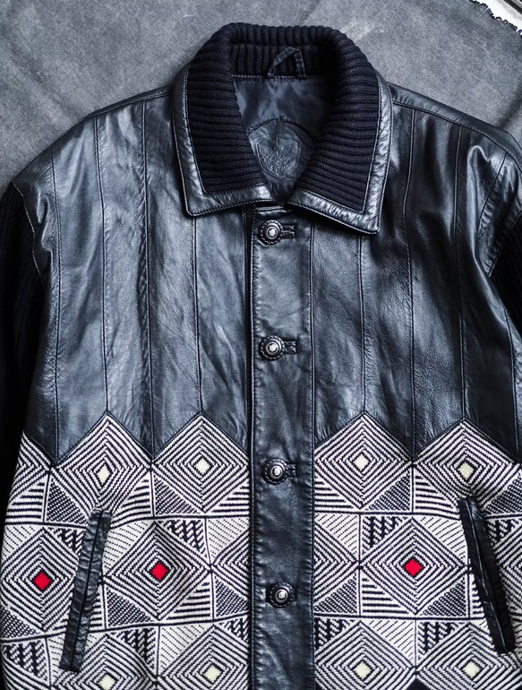 針織×圖騰x羊皮寬大襯衫式皮衣 古董羊皮革 真皮 皮外套 Leather jacket 第2張的照片