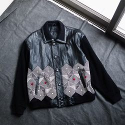 針織×圖騰x羊皮寬大襯衫式皮衣 古董羊皮革 真皮 皮外套 Leather jacket 第1張的照片