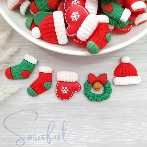 5種セット】ニット編み風クリスマスパーツ キャップ ソックス ミトン