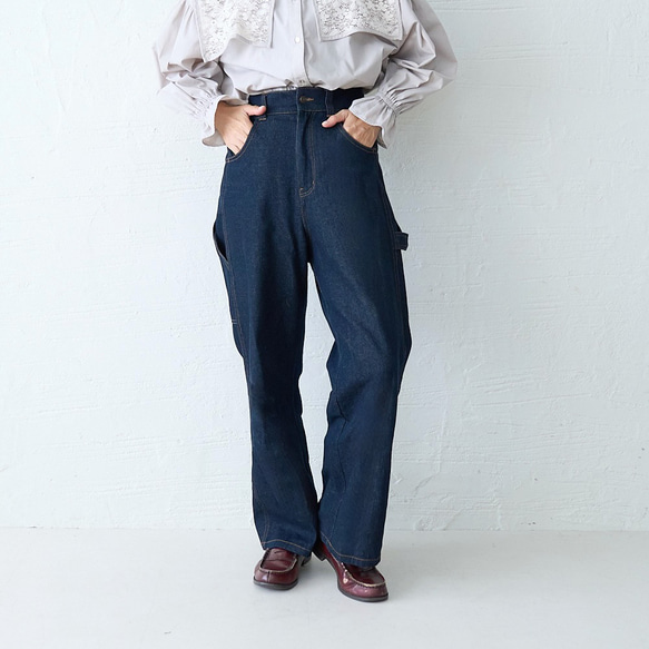 森野學校M號高腰牛仔畫家褲(靛藍)寬褲 第1張的照片