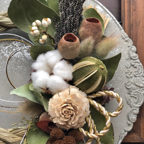 ナチュラルカラーのドライフラワーしめ縄飾り〜ライム・ワタ〜 しめ縄