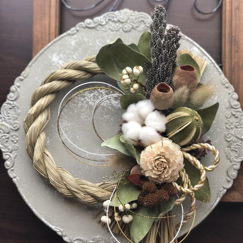 ナチュラルカラーのドライフラワーしめ縄飾り〜ライム・ワタ〜 しめ縄