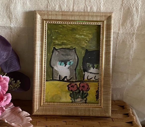 絵画。原画【2匹のかわいい猫がピンクの花の中で花の香りを感じている】 絵画。原画【2匹のかわいい猫がピンクの花の中で花の