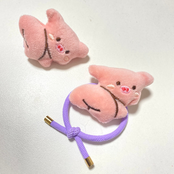 F412【二個セット/高品質】子供用ミニヘアゴム＋ミニヘアクリップ/豚 
