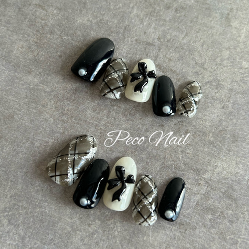 チェック×リボン ネイルチップ プレッピーチェックリボン◇ネイルチップ ネイルチップ（つけ爪