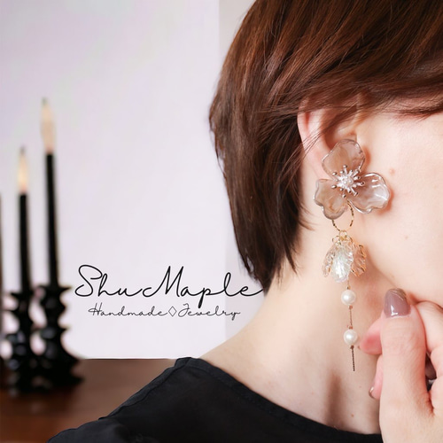 くすみピンクマーブルフラワー×オーロラの花びらパールゆらゆら2way