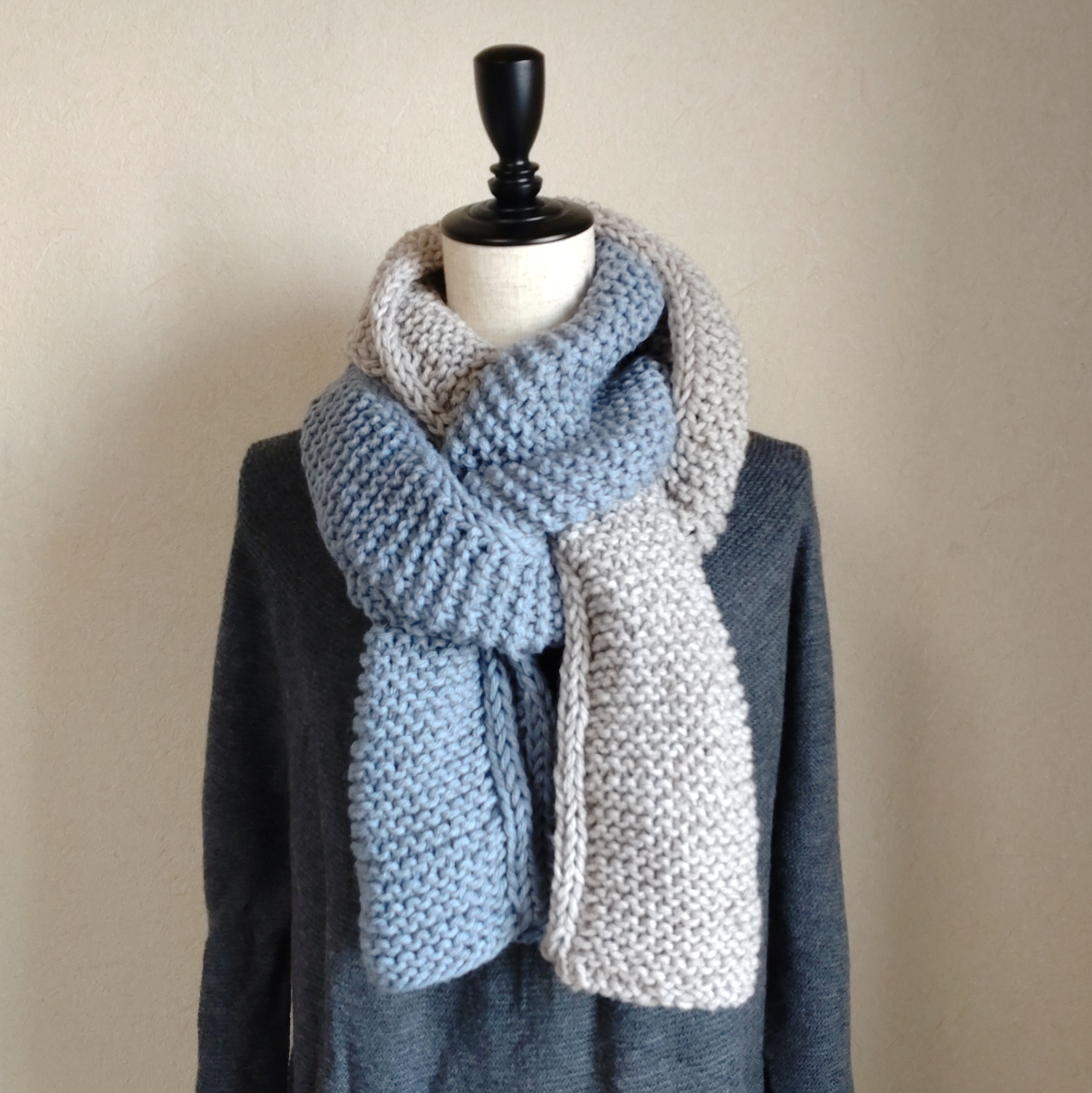 【30%OFF】配色マフラー　水色✕ライトグレー