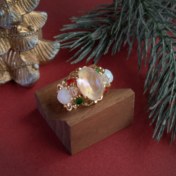 聖誕色/優質水晶x珠子編織大戒指|聖誕派對禮物可愛童話白 第7張的照片