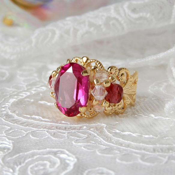 稀有透明紫紅色粉紅色高品質水晶x珠編織洛可可戒指 | 聖誕粉紅蘿莉塔公主 第4張的照片