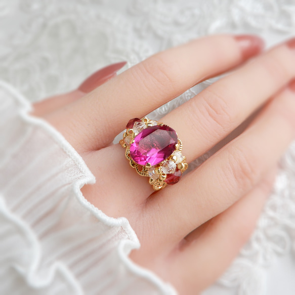稀有透明紫紅色粉紅色高品質水晶x珠編織洛可可戒指 | 聖誕粉紅蘿莉塔公主 第2張的照片