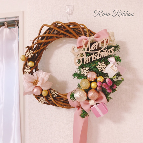 ◆りぼんのXmasリース◆ 直径30cm】白いチェックリボンのクリスマスリース（L size