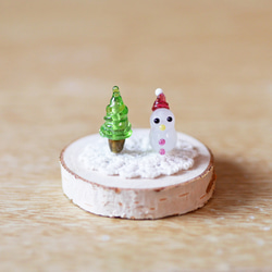 小さな ガラス細工の木 ＆ 雪だるま（クリスマス ミニチュア オブジェ）（試作：SALE） 1枚目の画像