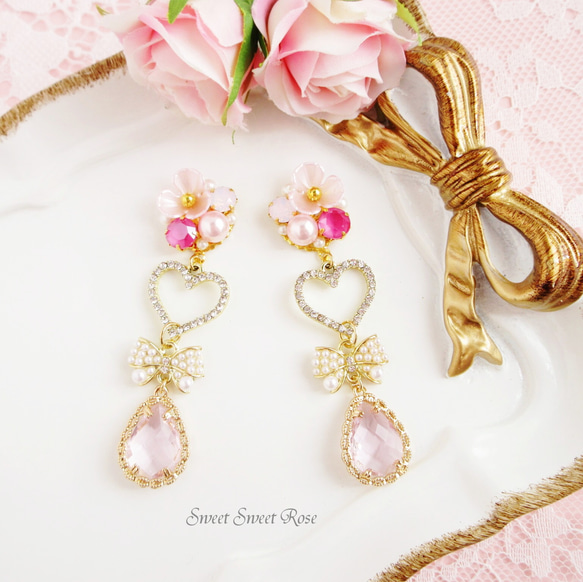 ピアス　ハート　5連　さくらんぼ　パール　ビジューチャーム　赤　大ぶり　春 ピアスハート5連さくらんぼパールビジューチャーム赤大ぶり春