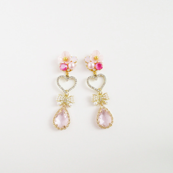 【再販】Flower Bijou & Sweet Drop イヤリング ピアス ビジュー 花 フラワードロップ ハート 2枚目の画像