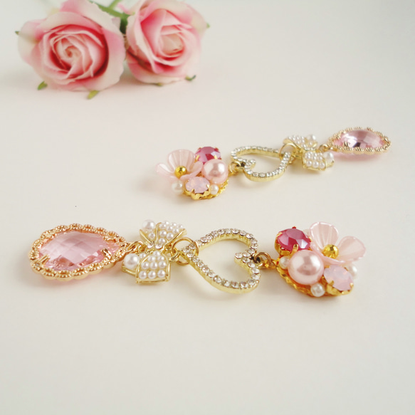 【再販】Flower Bijou & Sweet Drop イヤリング ピアス ビジュー 花 フラワードロップ ハート 5枚目の画像