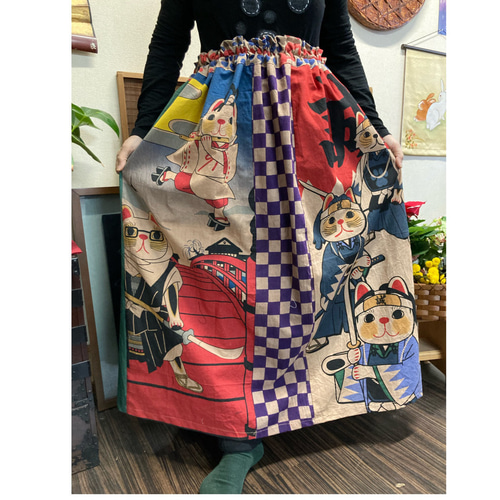 猫柄の手ぬぐいの柿渋染めスカート 手ぬぐいリメイク ロング