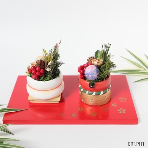 お正月ミニアレンジメント（鏡餅・獅子舞金）【プリザーブドフラワー