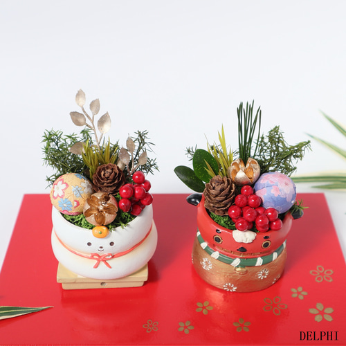 お正月ミニアレンジメント（鏡餅・獅子舞金）【プリザーブドフラワー