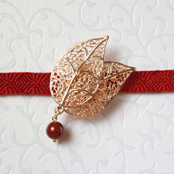 ●帯留/帯留め leaf red 4枚目の画像