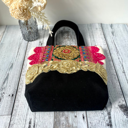 キラキラ金色薔薇とお花インド刺繍リボンのクリスマストートバッグ 15枚目の画像