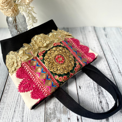 キラキラ金色薔薇とお花インド刺繍リボンのクリスマストートバッグ 13枚目の画像
