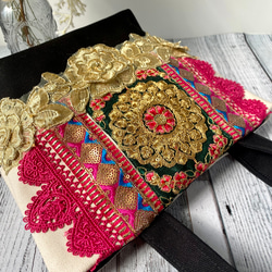 キラキラ金色薔薇とお花インド刺繍リボンのクリスマストートバッグ 18枚目の画像