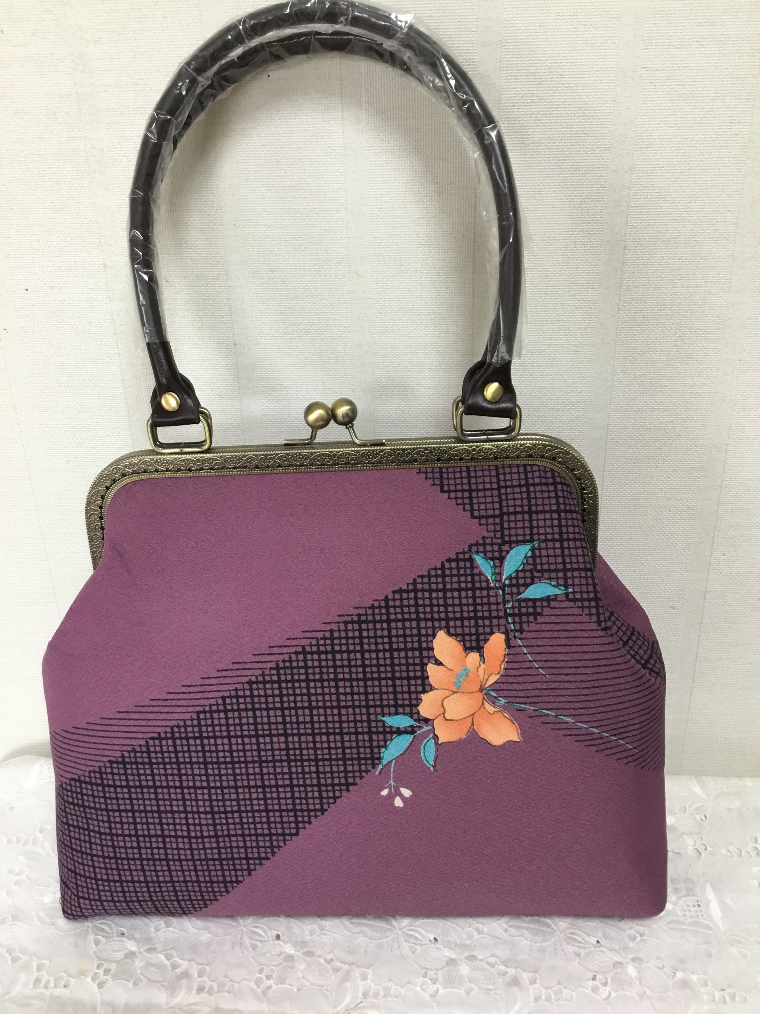 ハンドメイド・リメイク・着物・カバン・がま口バック・お出掛け・お洒落・上品・パープル・花・34