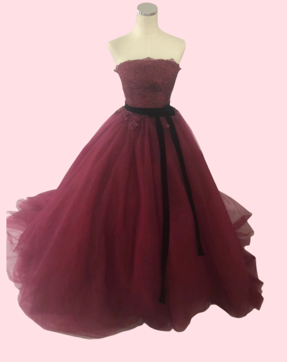 カラードレス ワインレッド ソフトチュール サッシュベルト   上品花レース 前撮り  ウェディングドレス 1枚目の画像